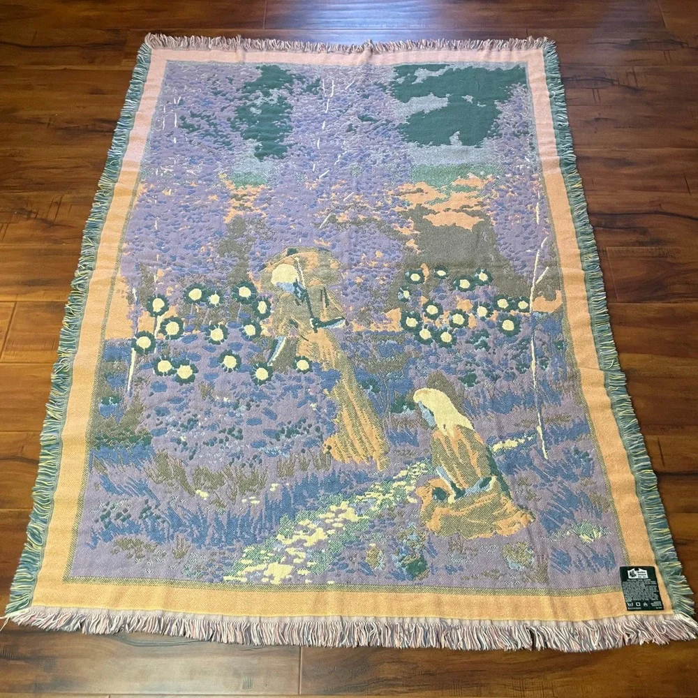 Goodwin Weavers Woven Throw Blanket Tapestry Lady Sunflower Garden Fringe USA